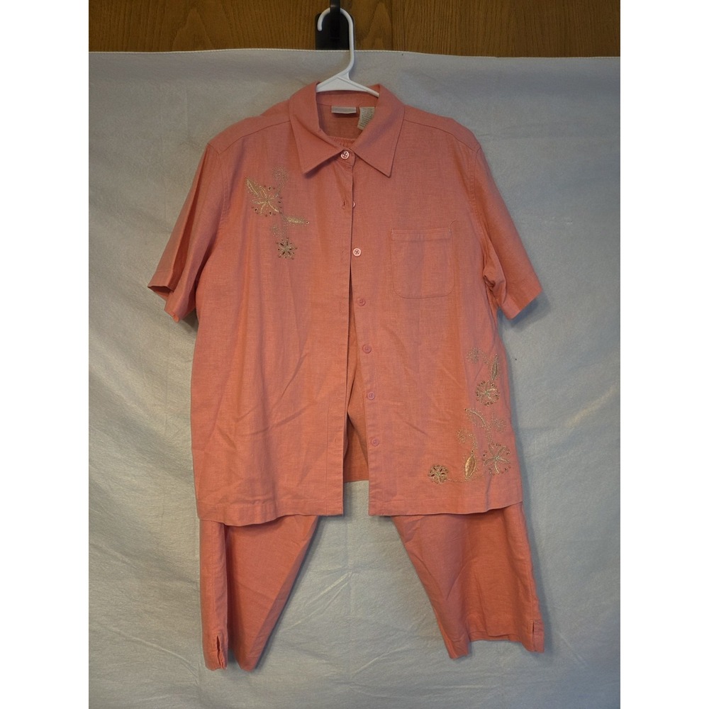 Vintage Erika Linen Rayon 2 Pc. Capri  Set‎ Size Large Coral Pink